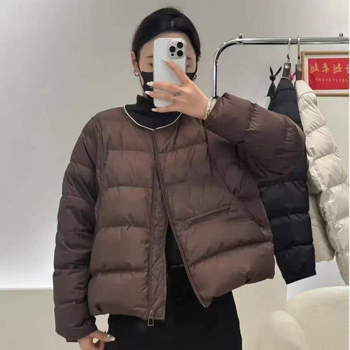 70pcs Wholesale 90% White Duck Down Round-Neck Puffer Jackets - Ultra-Lightweight Coffee Brown Liner Coats - High-Density Matte Finish - Professional Reseller Stock Lot