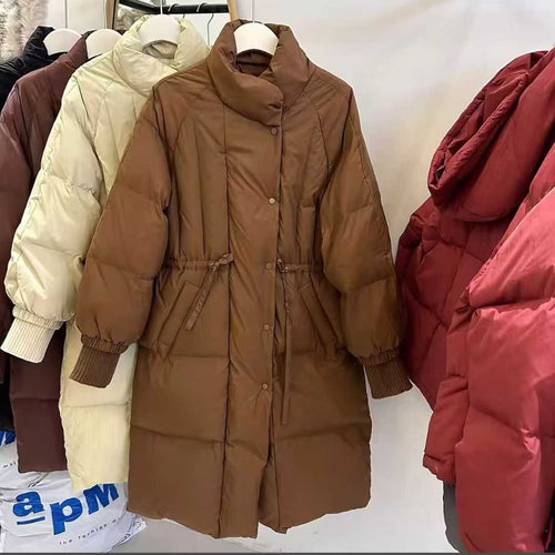90pcs Wholesale 90% Real White Duck Down Jackets - Loose H-Line Drawstring Coats with Wide Placket - Mixed 4 Colors (Caramel, Coffee, White, Black) - Premium Reseller Stock Lot