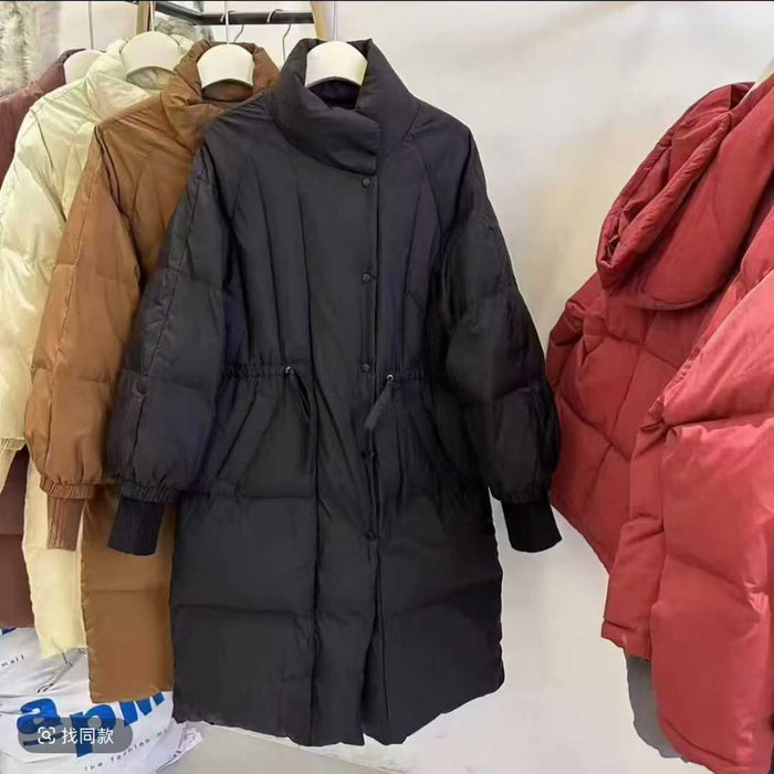 90pcs Wholesale 90% Real White Duck Down Jackets - Loose H-Line Drawstring Coats with Wide Placket - Mixed 4 Colors (Caramel, Coffee, White, Black) - Premium Reseller Stock Lot