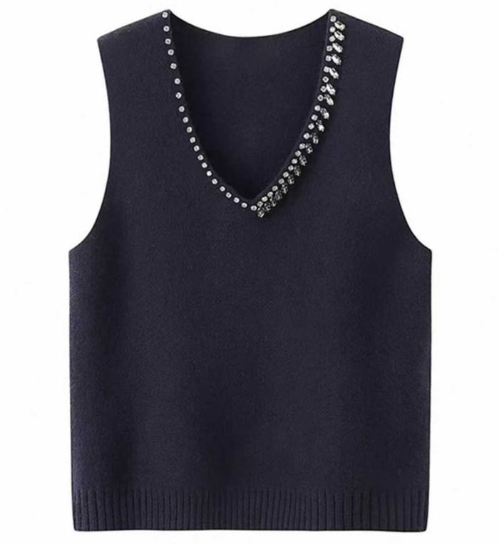 120pcs Wholesale Women’s Stretch Knit Sweater Vests - Black Rhinestone V-Neck Layering Tops - Easy Boutique One-Size Stock at $3.00
