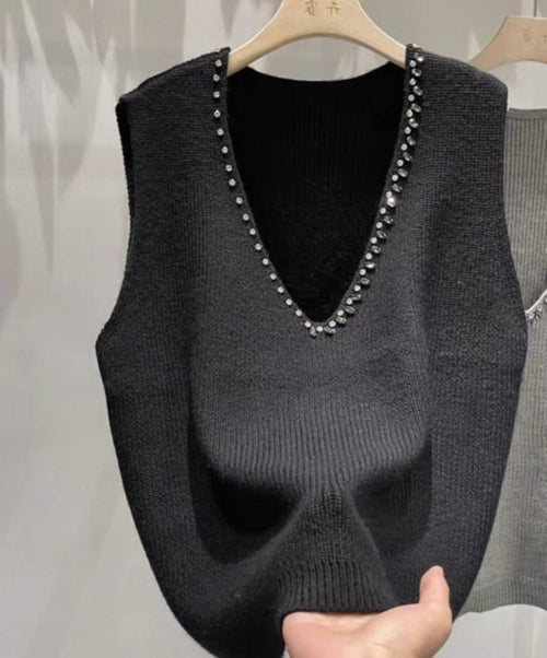120pcs Wholesale Women’s Stretch Knit Sweater Vests - Black Rhinestone V-Neck Layering Tops - Easy Boutique One-Size Stock at $3.00