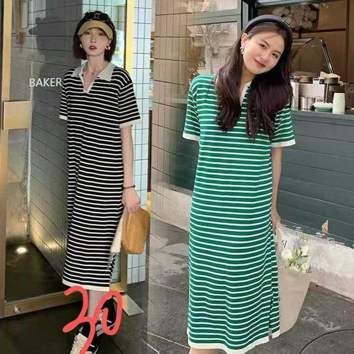 120pcs Women's Casual Striped Polo Collar T-Shirt Dress Lot – Easy Summer Boutique Dresses – Clearance Tail Order Inventory – Coffee & Green Street Style Stock