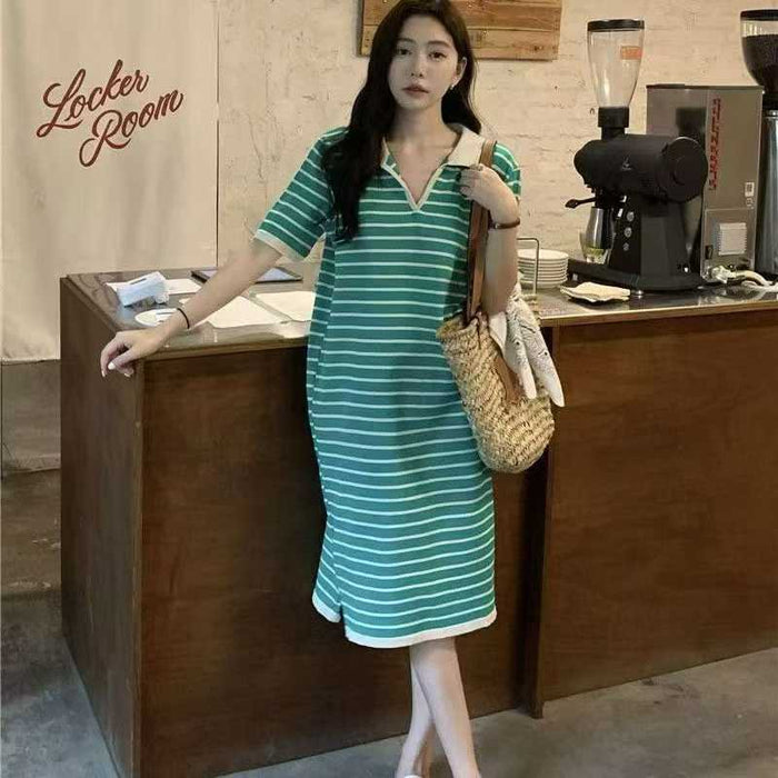120pcs Women's Casual Striped Polo Collar T-Shirt Dress Lot – Easy Summer Boutique Dresses – Clearance Tail Order Inventory – Coffee & Green Street Style Stock
