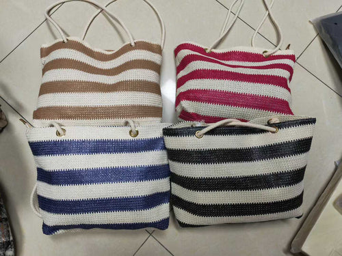 230pcs Coastal Stripe Woven Tote Bags Bulk Lot – Everyday Beach & Market Carryalls in 4 Classic Colors – Lightweight Summer Knit Shoulder Bags – Boutique Friendly Liquidation Stock