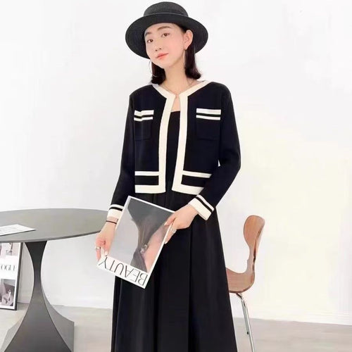 600pcs Ice-Silk Contrast Trim Knit Dress & Cropped Cardigan Set – Boutique-Ready Black Cream Matching Womenswear Stock Lot – Soft Stretch One-Style Tail Order Clearance with Easy Resale Appeal