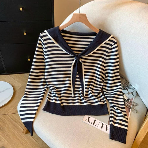 300pcs Ice-Silk Sailor Collar Knit Top Lot – Soft Lightweight Women’s Striped Sweater Stock for Boutiques – Easy Resale Parisian Style Clearance Tail Order in Black White & Cream