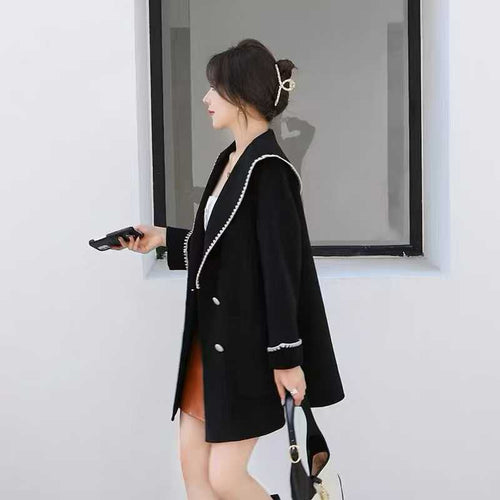 Approx. 300pcs Korean Velvet Contrast Trim Women’s Blazer Coat Lot – Boutique-Style Black Longline Outerwear for Easy Resale – Soft Structured Tail-Order Clearance Stock with Polished Citywear Appeal