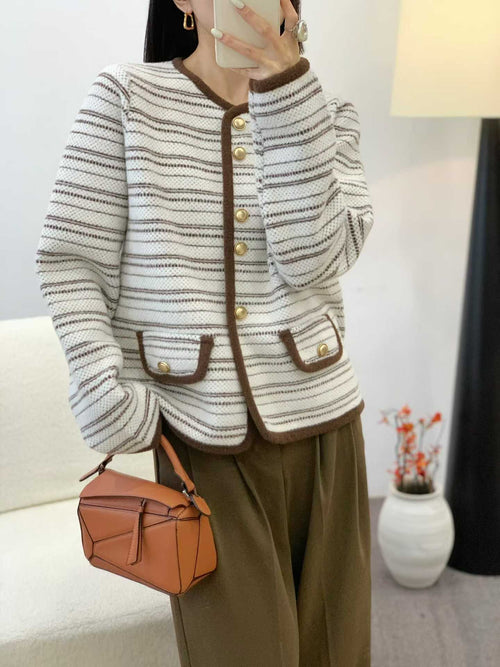 500pcs Boutique Stripe Knit Cardigan Jacket Lot – Soft Korean Velvet-Feel Women’s Trim Button Cardigans for Fall Layering – Single-Style Overstock Sweater Stock for Resellers