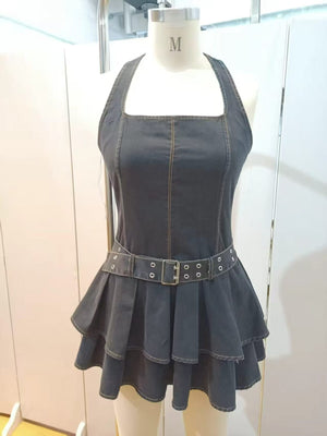 5200 pcs Women’s Denim Halter Mini Dress Stock Lot – Tiered Ruffle Skirt with Belt – Casual Summer Boutique Style – Lightweight Stretch Back Fit – Closeout Apparel for Resellers