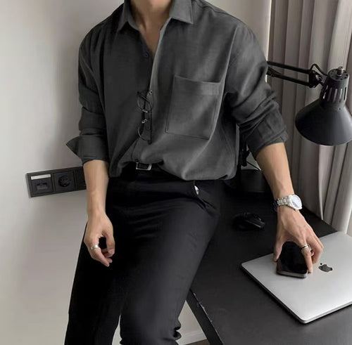 800pcs Men's Vintage Minimalist Long Sleeve Shirt Lot – Naples Inspired Retro Smart Casual Button-Up – Neutral Grey Tail Order Stock – $1.90 Factory Clearance – Boutique Reseller Friendly Menswear Inventory