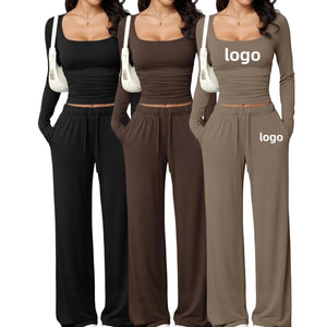 230grams Knitted Cotton Silk Screen Printed Two Piece Set Crop Top Women