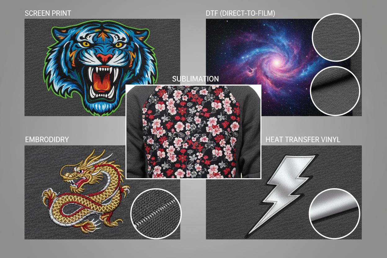 Hoodie Printing Methods Comparison: Screen Print, DTF, Sublimation, Embroidery & Heat Transfer