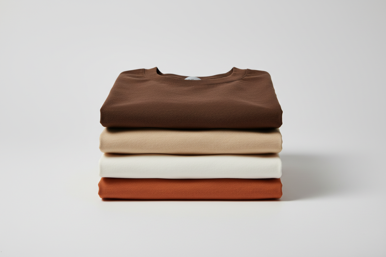 Minimalist luxury with structural utility. Heavyweight tactile fabrics, muted earth tones and clean solids, crisp modern silhouettes, precise geometric print alignment, and high-end retail presentation.