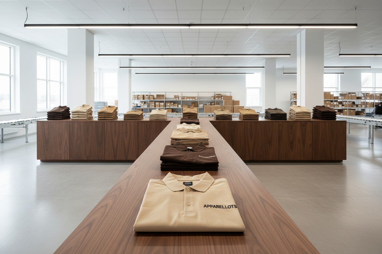 Structured corporate minimalist luxury. Highly cohesive paneling and garment drapes, clean solid neutrals combined with a unified brand palette of warm sand beige, khaki, and deep espresso brown solids, perfectly identical geometric brand logo alignment across different silhouettes, and premium retail-ready uniform fleet presentation.