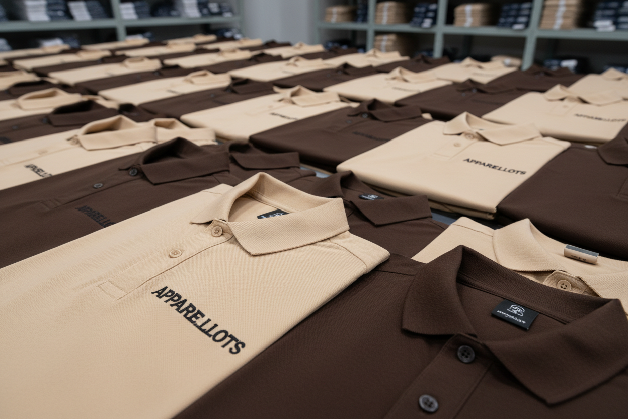 Clean corporate minimalist utility. Crisp non-curling collars, structured polo fabric drape, solid monochromatic neutrals and rich warm earth tone colorways, perfectly identical left-chest logo alignment across thousands of identical batch runs, premium retail-ready uniform presentation.