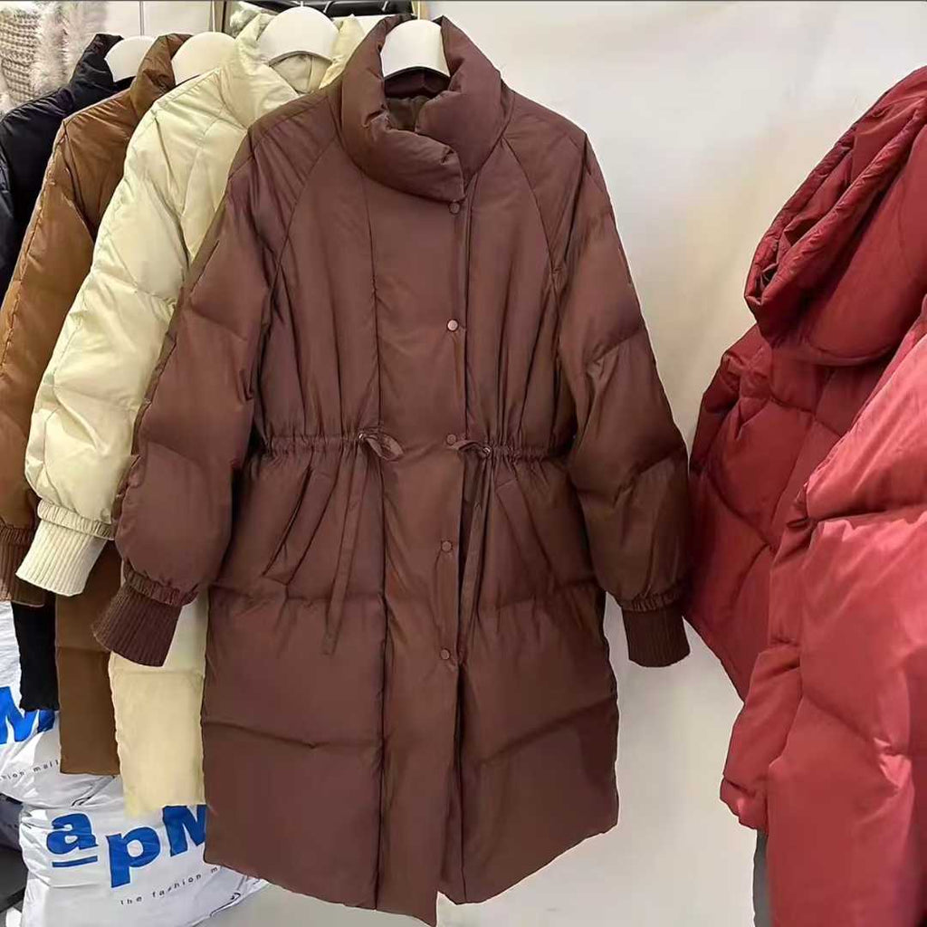 90pcs Wholesale 90% Real White Duck Down Jackets - Loose H-Line Drawstring Coats with Wide Placket - Mixed 4 Colors (Caramel, Coffee, White, Black) - Premium Reseller Stock Lot