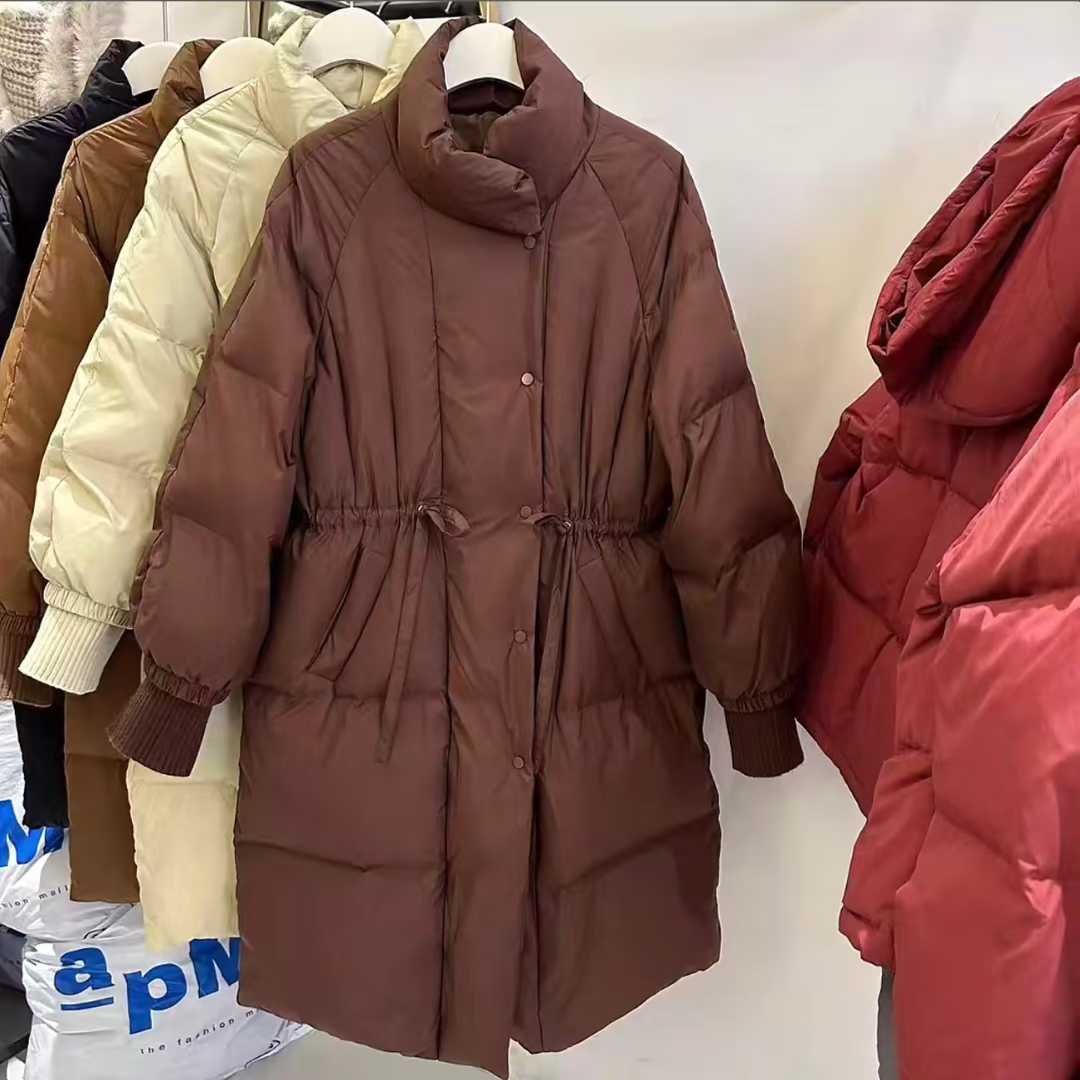 90pcs Wholesale 90% Real White Duck Down Jackets - Loose H-Line Drawstring Coats with Wide Placket - Mixed 4 Colors (Caramel, Coffee, White, Black) - Premium Reseller Stock Lot