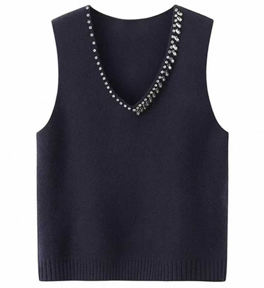 120pcs Wholesale Women’s Stretch Knit Sweater Vests - Black Rhinestone V-Neck Layering Tops - Easy Boutique One-Size Stock at $3.00