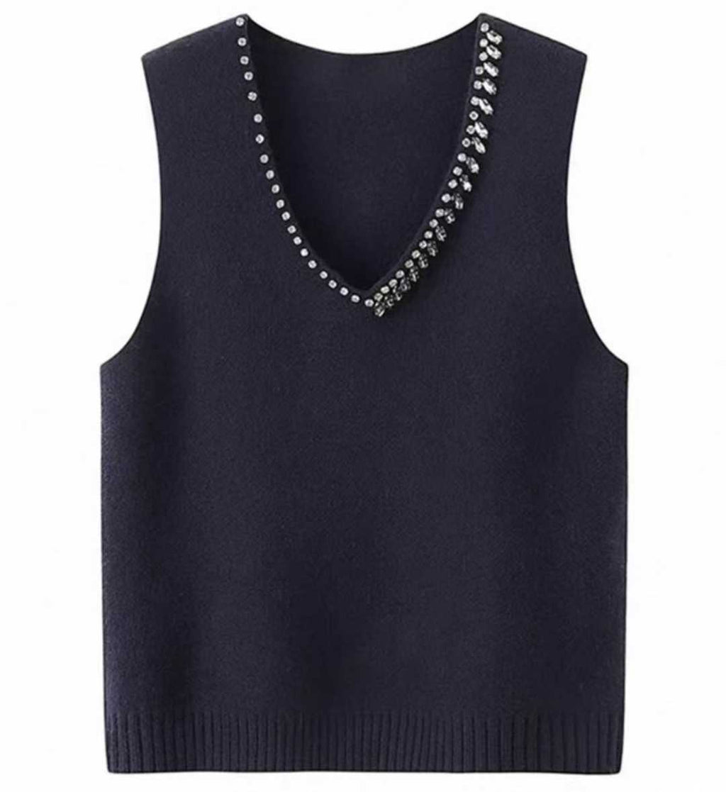 120pcs Wholesale Women’s Stretch Knit Sweater Vests - Black Rhinestone V-Neck Layering Tops - Easy Boutique One-Size Stock at $3.00