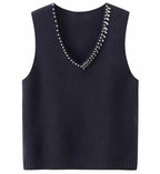 120pcs Wholesale Women’s Stretch Knit Sweater Vests - Black Rhinestone V-Neck Layering Tops - Easy Boutique One-Size Stock at $3.00