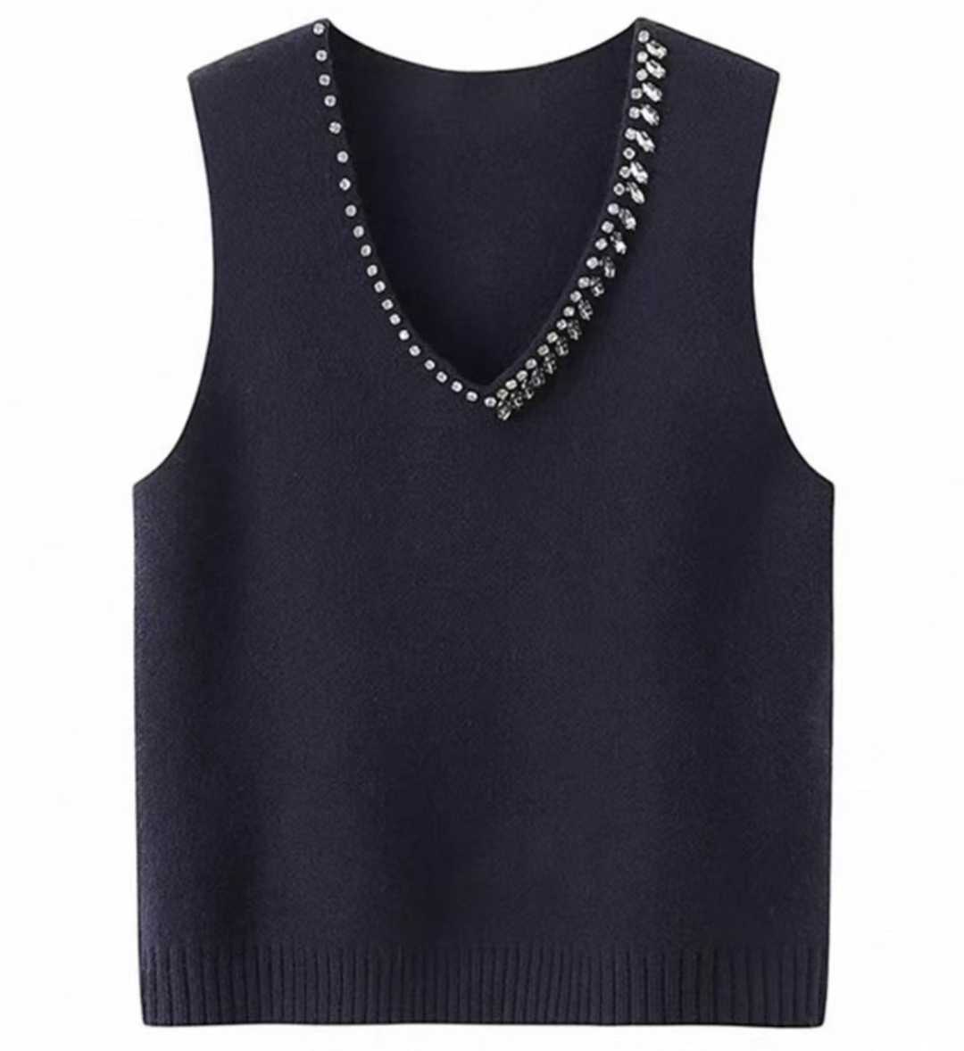 120pcs Wholesale Women’s Stretch Knit Sweater Vests - Black Rhinestone V-Neck Layering Tops - Easy Boutique One-Size Stock at $3.00