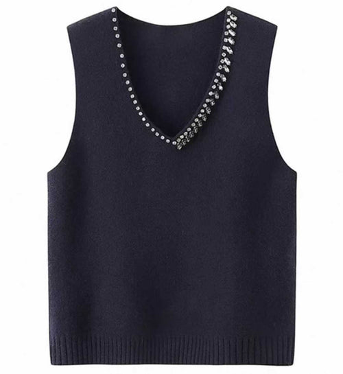 120pcs Wholesale Women’s Stretch Knit Sweater Vests - Black Rhinestone V-Neck Layering Tops - Easy Boutique One-Size Stock at $3.00