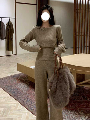 100 Sets Wholesale Women’s Soft Knit Lounge Sets - 2 Color One-Size Sweater Top & Wide-Leg Pants - Clearance Tail Order - Boutique Ready Quiet Luxury Winter-to-Spring Stock