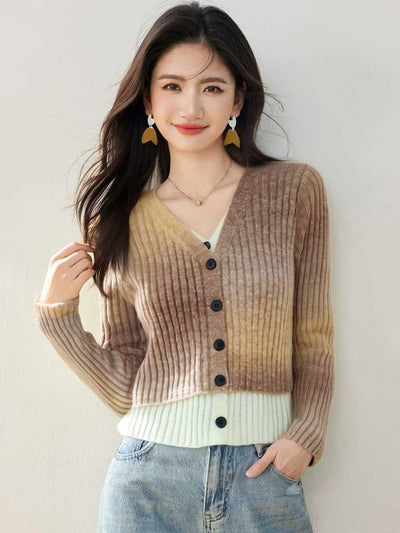 100 Sets Bulk Women’s Ribbed Ombre Knit Cardigan Faux Two-Piece Set –  High-Value Boutique Liquidation – Gradient V-Neck Layered Sweaters – Ready-to-Ship Factory Tail Order