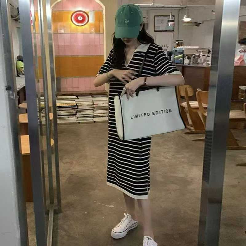 120pcs Women's Casual Striped Polo Collar T-Shirt Dress Lot – Easy Summer Boutique Dresses – Clearance Tail Order Inventory – Coffee & Green Street Style Stock