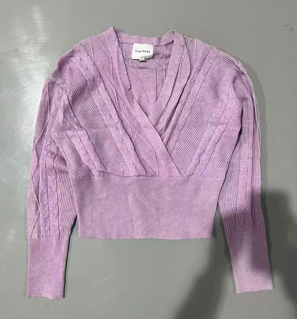 3300pcs Pink Rose Cross-Wrap Cropped Knit Sweater – Women’s Boutique Ribbed V-Neck Cable Texture Top – Soft Lilac Everyday Going-Out Layer – $3 Factory Surplus Stock Lot for Small Boutiques & Online Resellers