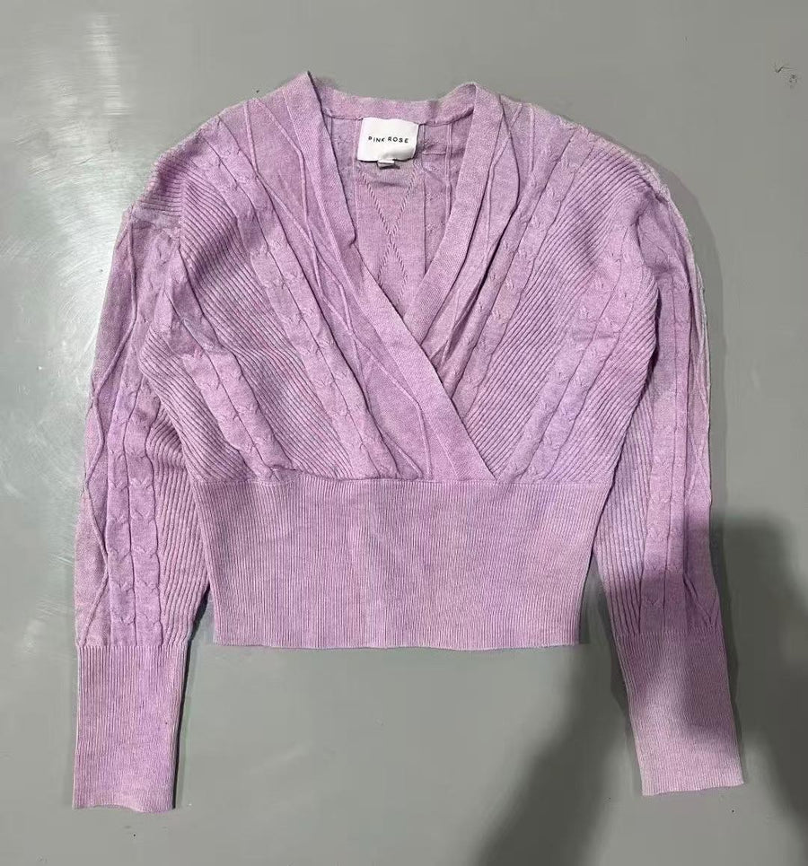 3300pcs Pink Rose Cross-Wrap Cropped Knit Sweater – Women’s Boutique Ribbed V-Neck Cable Texture Top – Soft Lilac Everyday Going-Out Layer – $3 Factory Surplus Stock Lot for Small Boutiques & Online Resellers