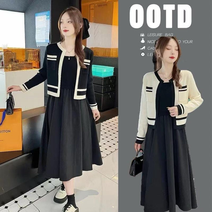 600pcs Ice-Silk Contrast Trim Knit Dress & Cropped Cardigan Set – Boutique-Ready Black Cream Matching Womenswear Stock Lot – Soft Stretch One-Style Tail Order Clearance with Easy Resale Appeal