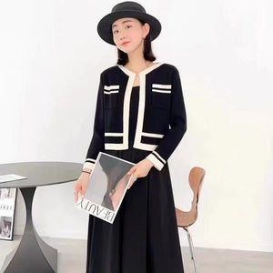 600pcs Ice-Silk Contrast Trim Knit Dress & Cropped Cardigan Set – Boutique-Ready Black Cream Matching Womenswear Stock Lot – Soft Stretch One-Style Tail Order Clearance with Easy Resale Appeal