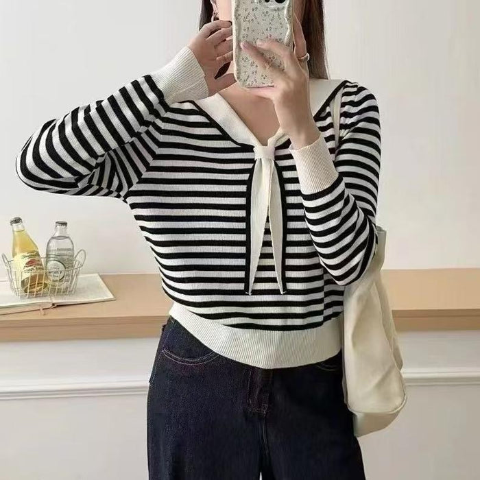 300pcs Ice-Silk Sailor Collar Knit Top Lot – Soft Lightweight Women’s Striped Sweater Stock for Boutiques – Easy Resale Parisian Style Clearance Tail Order in Black White & Cream
