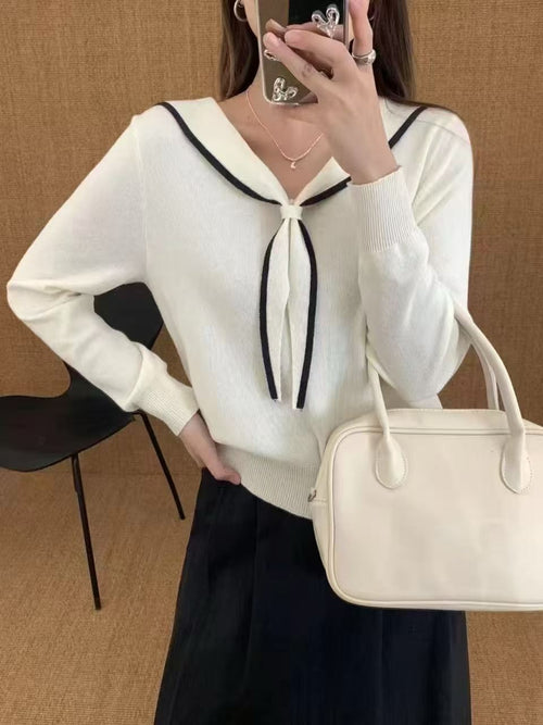 300pcs Ice-Silk Sailor Collar Knit Top Lot – Soft Lightweight Women’s Striped Sweater Stock for Boutiques – Easy Resale Parisian Style Clearance Tail Order in Black White & Cream