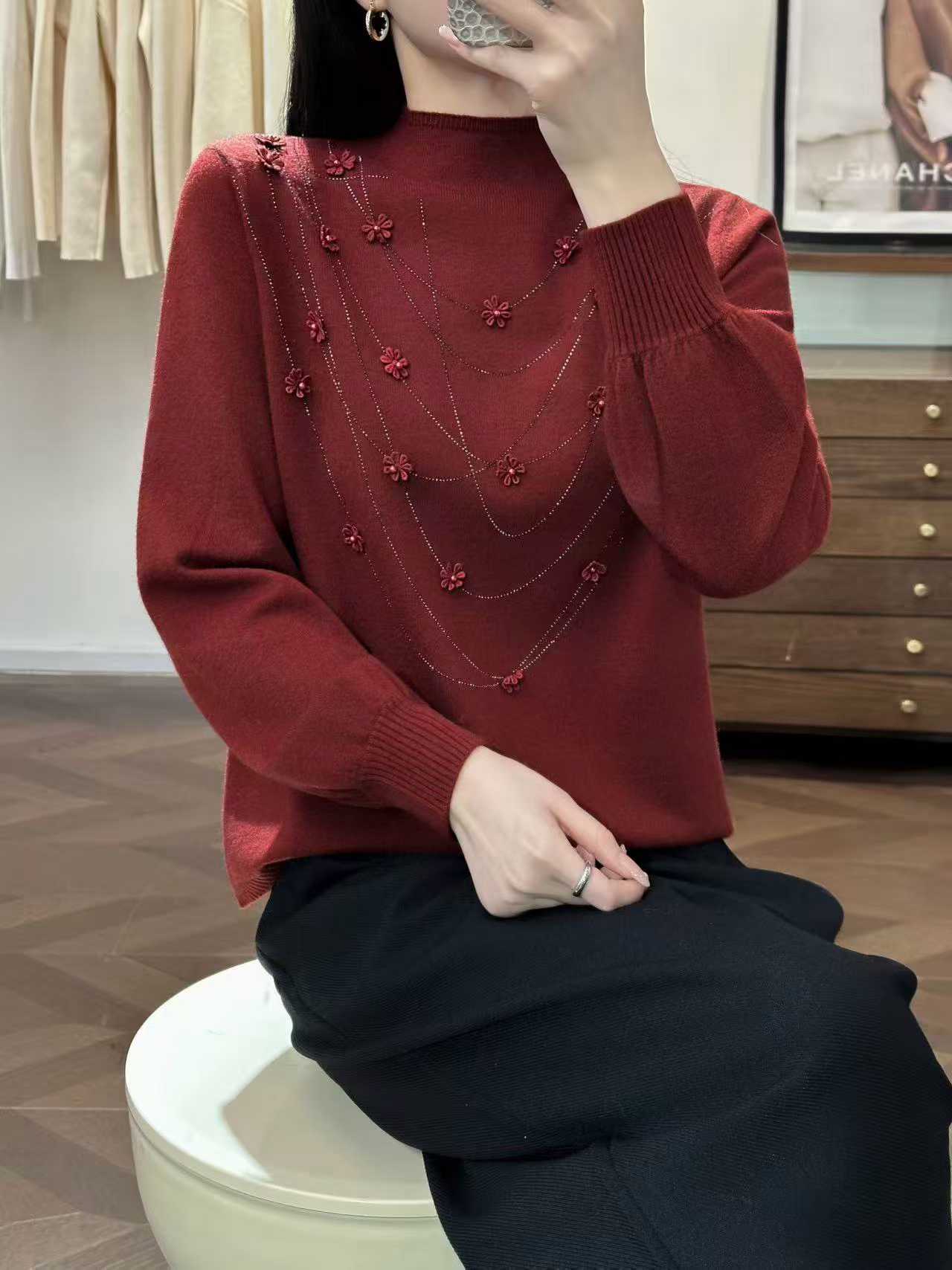 300pcs Women’s 30% Wool Floral Embellished Knit Pullover Lot – Soft Mock Neck Everyday Sweaters for Boutique Resale – 5 Color Tail-End Stock Under $3 – Easy Fall Winter Layering Styles