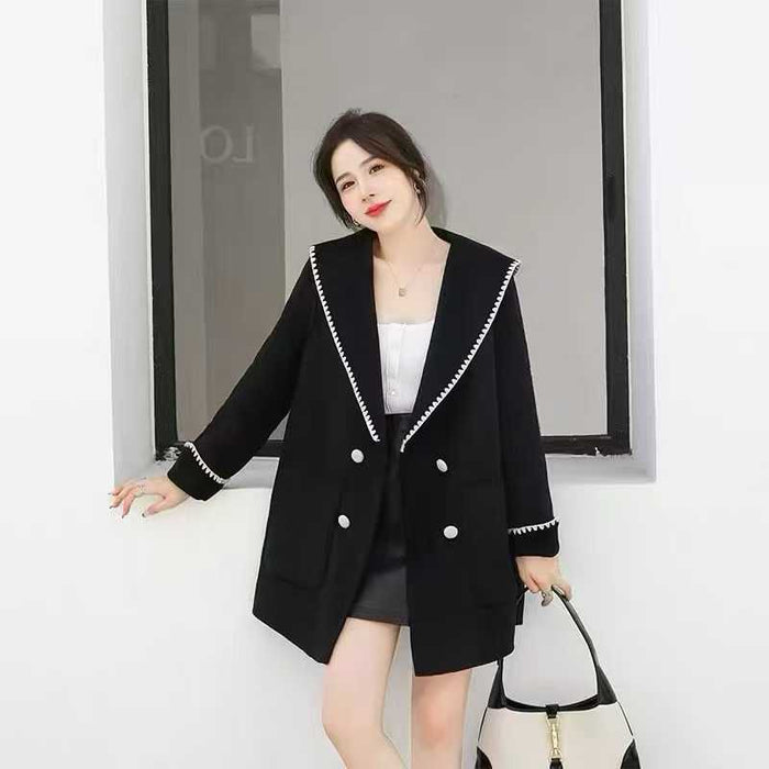Approx. 300pcs Korean Velvet Contrast Trim Women’s Blazer Coat Lot – Boutique-Style Black Longline Outerwear for Easy Resale – Soft Structured Tail-Order Clearance Stock with Polished Citywear Appeal