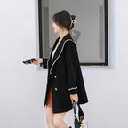 Approx. 300pcs Korean Velvet Contrast Trim Women’s Blazer Coat Lot – Boutique-Style Black Longline Outerwear for Easy Resale – Soft Structured Tail-Order Clearance Stock with Polished Citywear Appeal