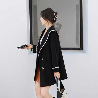 Approx. 300pcs Korean Velvet Contrast Trim Women’s Blazer Coat Lot – Boutique-Style Black Longline Outerwear for Easy Resale – Soft Structured Tail-Order Clearance Stock with Polished Citywear Appeal