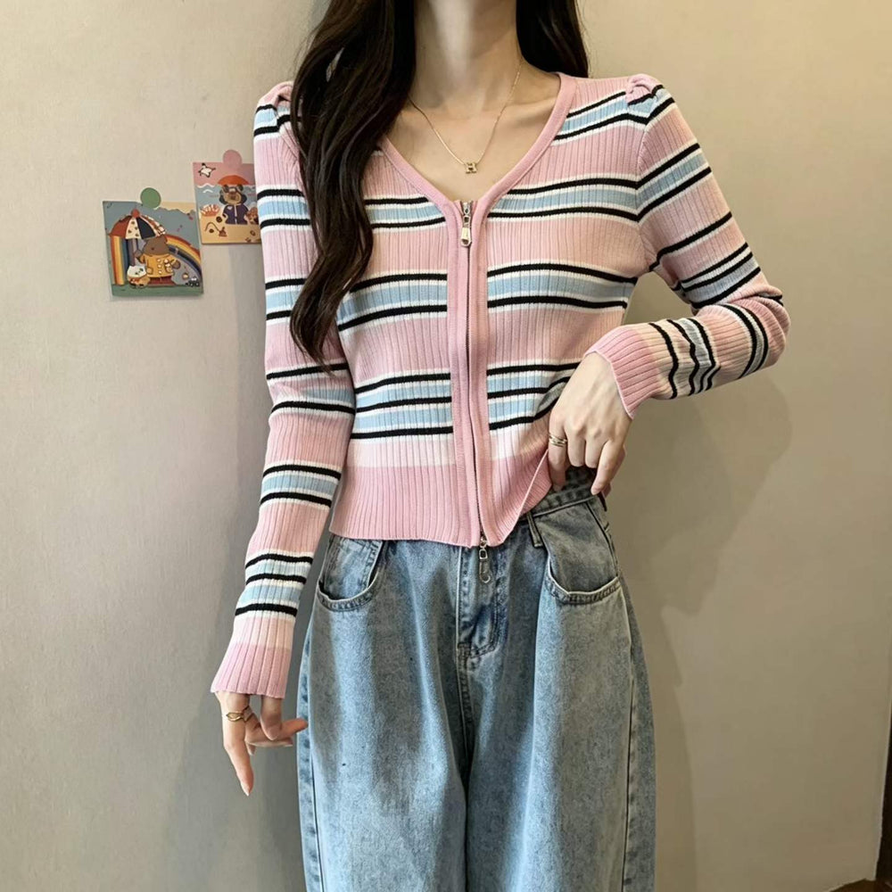 800pcs Women’s Ribbed Stripe Zip Knit Cardigan Lot – Easy-Selling Lightweight Fitted Sweater Tops for Boutiques – Soft Everyday Layering Stock in One-Size Stretch Fit