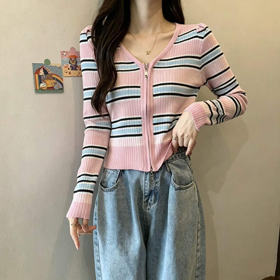 800pcs Women’s Ribbed Stripe Zip Knit Cardigan Lot – Easy-Selling Lightweight Fitted Sweater Tops for Boutiques – Soft Everyday Layering Stock in One-Size Stretch Fit
