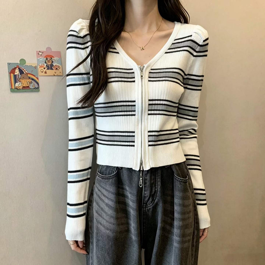 800pcs Women’s Ribbed Stripe Zip Knit Cardigan Lot – Easy-Selling Lightweight Fitted Sweater Tops for Boutiques – Soft Everyday Layering Stock in One-Size Stretch Fit
