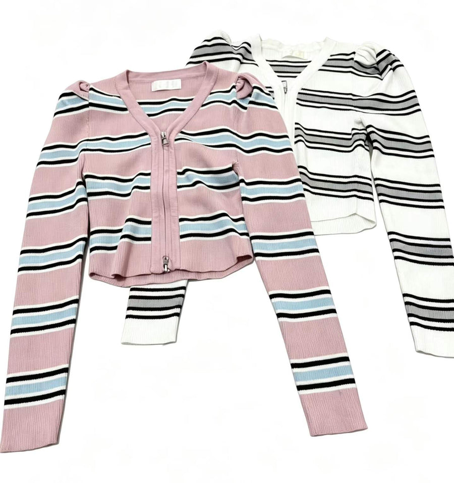 800pcs Women’s Ribbed Stripe Zip Knit Cardigan Lot – Easy-Selling Lightweight Fitted Sweater Tops for Boutiques – Soft Everyday Layering Stock in One-Size Stretch Fit