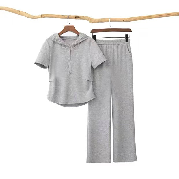 300 Sets Bulk 2-Piece Aesthetic Hooded Loungewear - 4-Color Assorted Cotton-Blend Pajama Set - Take-All Factory Tail Order - Relaxed Fit Wide-Leg Pant Co-ord