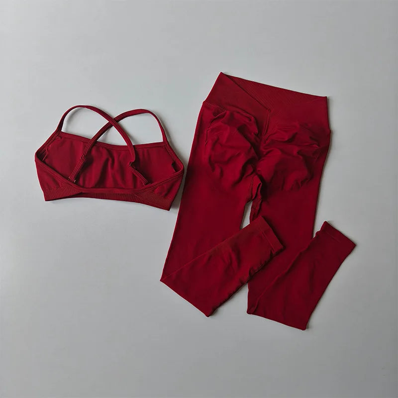 Custom Logo Seamless Gym Sportswear Backless Yoga Set Nylon Spandex Knit Seamless Yoga Set