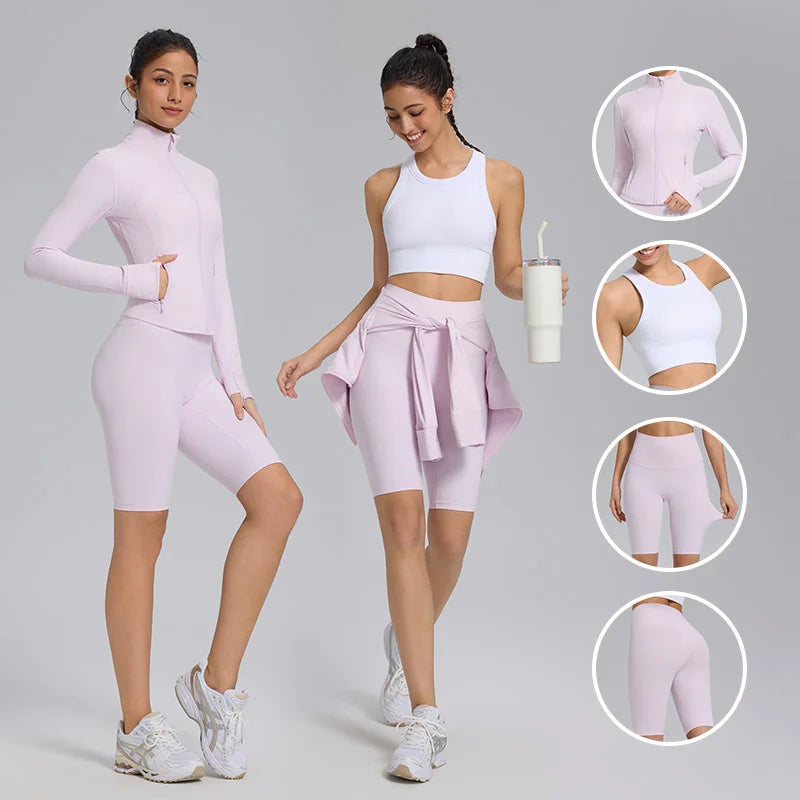 Custom logo Fitness Sports Yoga Jacket High Waist Leggings 2 Pcs Nylon Spandex Interlock Slim Fit Yoga Jacket