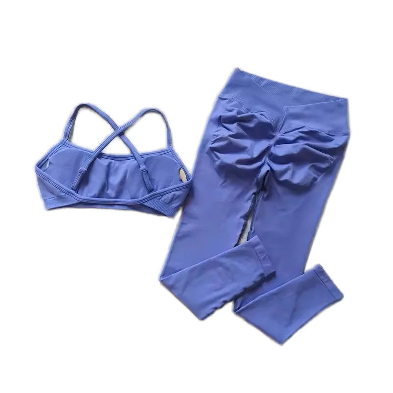 Custom Logo Seamless Gym Sportswear Backless Yoga Set Nylon Spandex Knit Seamless Yoga Set