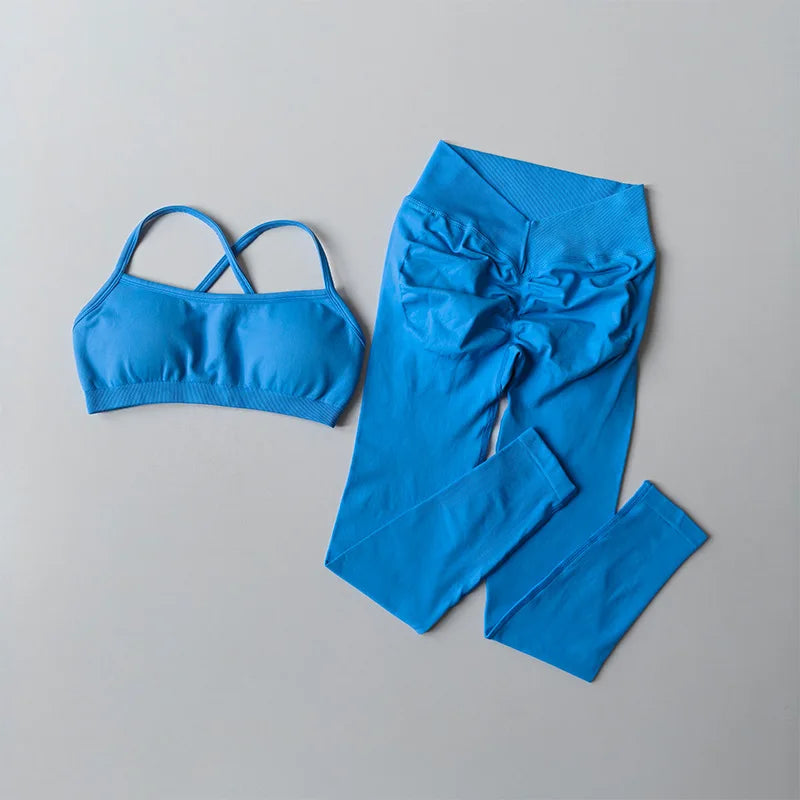 Custom Logo Seamless Gym Sportswear Backless Yoga Set Nylon Spandex Knit Seamless Yoga Set