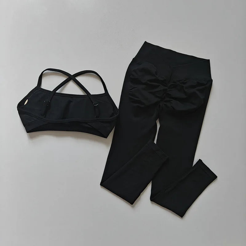 Custom Logo Seamless Gym Sportswear Backless Yoga Set Nylon Spandex Knit Seamless Yoga Set