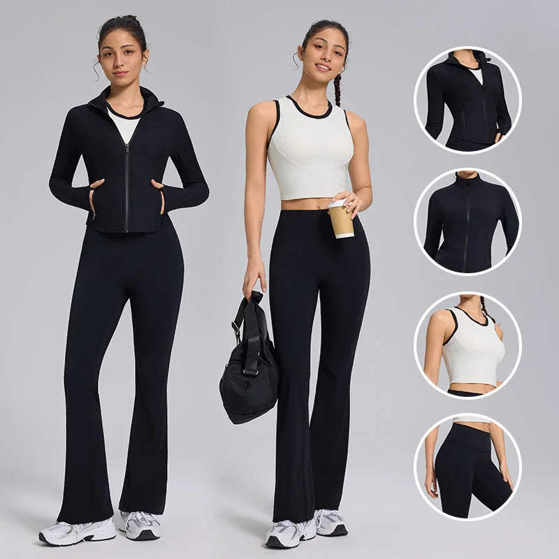 Custom logo Fitness Sports Yoga Jacket High Waist Leggings 2 Pcs Nylon Spandex Interlock Slim Fit Yoga Jacket